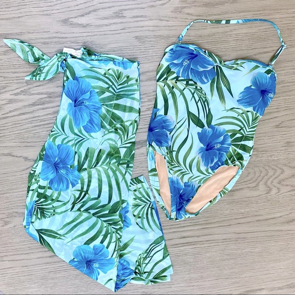 Cami Swim Hibiscus Print One Piece Bathing Suit + Coordinating Coverup Set 10 - Picture 1 of 15
